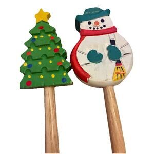 Christmas Serving Spoon Fork Hand Painted Wood Snowman Tree Salad Pasta Holiday
